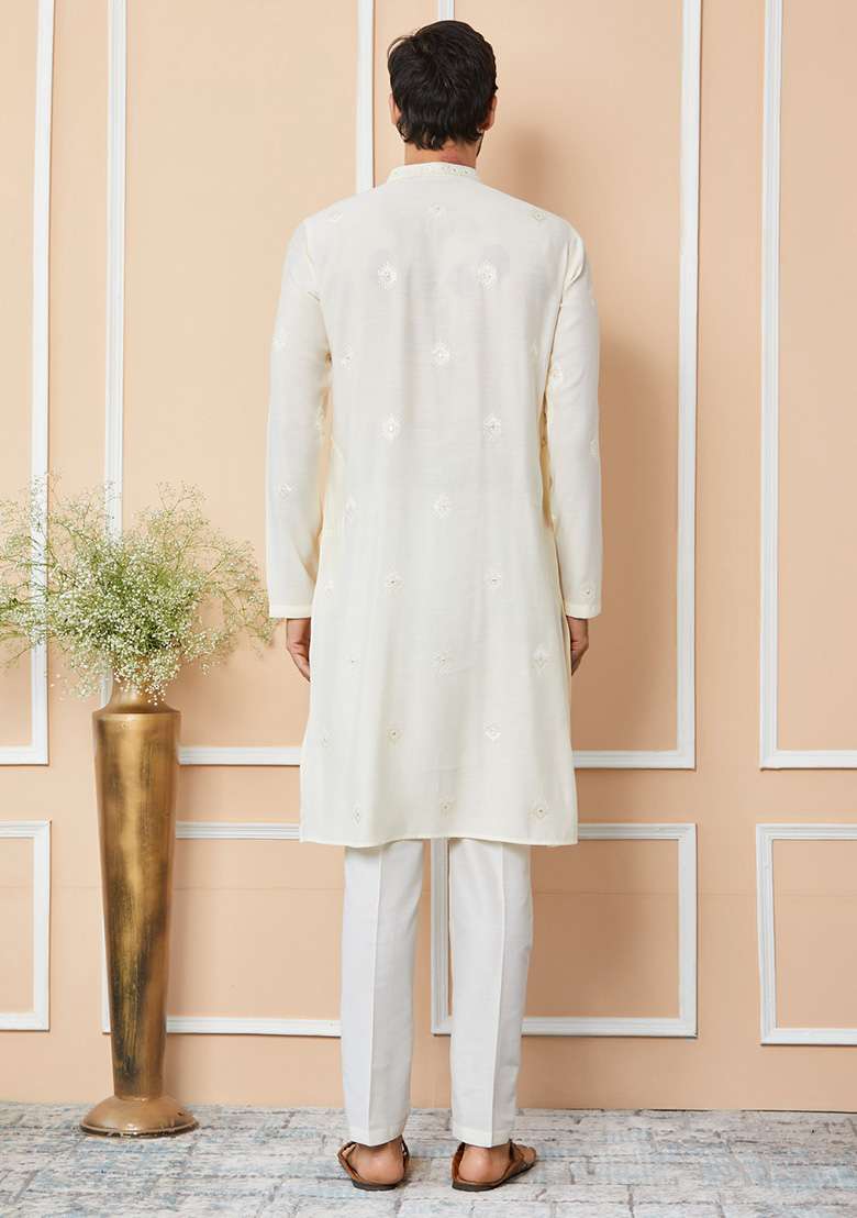Cream Embroidered Kurta Set For Men - Indya