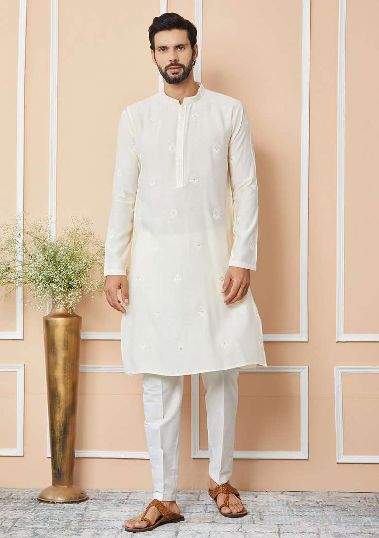 Cream Embroidered Kurta Set For Men - Indya