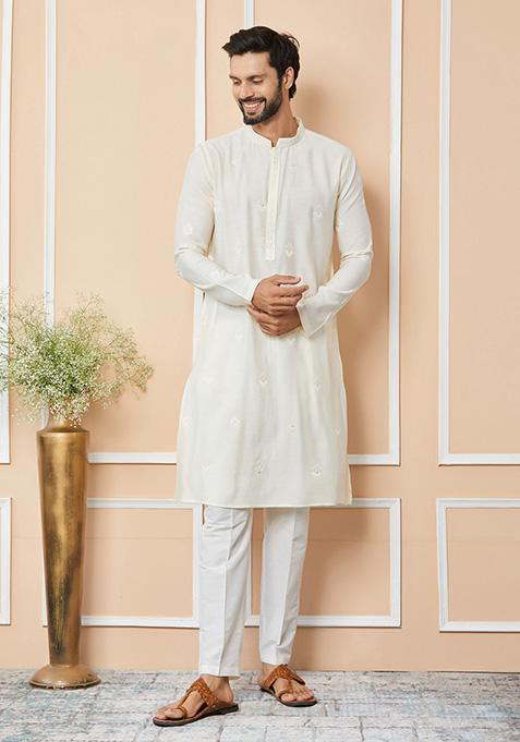 Cream Embroidered Kurta Set For Men