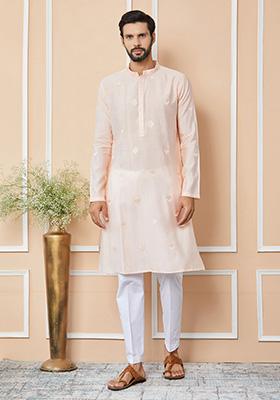 Light Peach Embroidered Kurta Set For Men