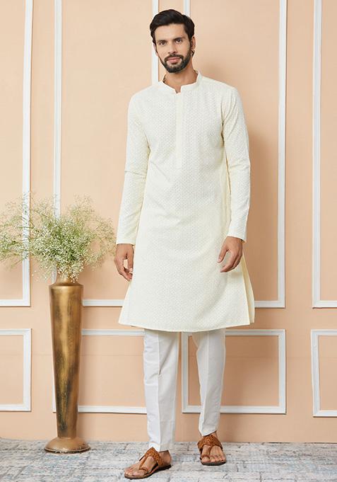 Cream Embroidered Chanderi Silk Kurta Set For Men