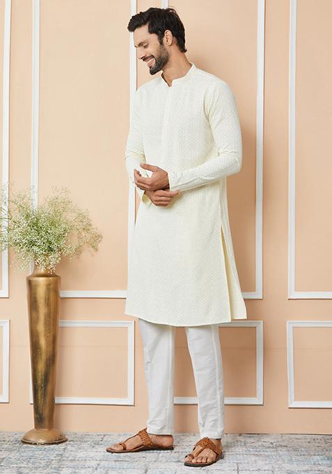 Cream Embroidered Chanderi Silk Kurta Set For Men