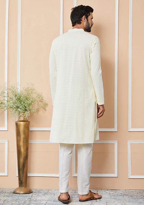 Cream Embroidered Chanderi Silk Kurta Set For Men