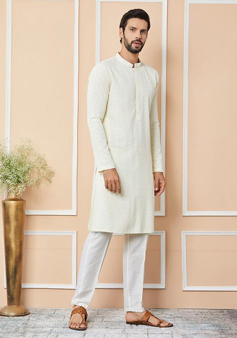 Cream Embroidered Chanderi Silk Kurta Set For Men