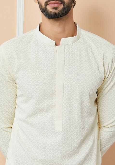 Cream Embroidered Chanderi Silk Kurta Set For Men