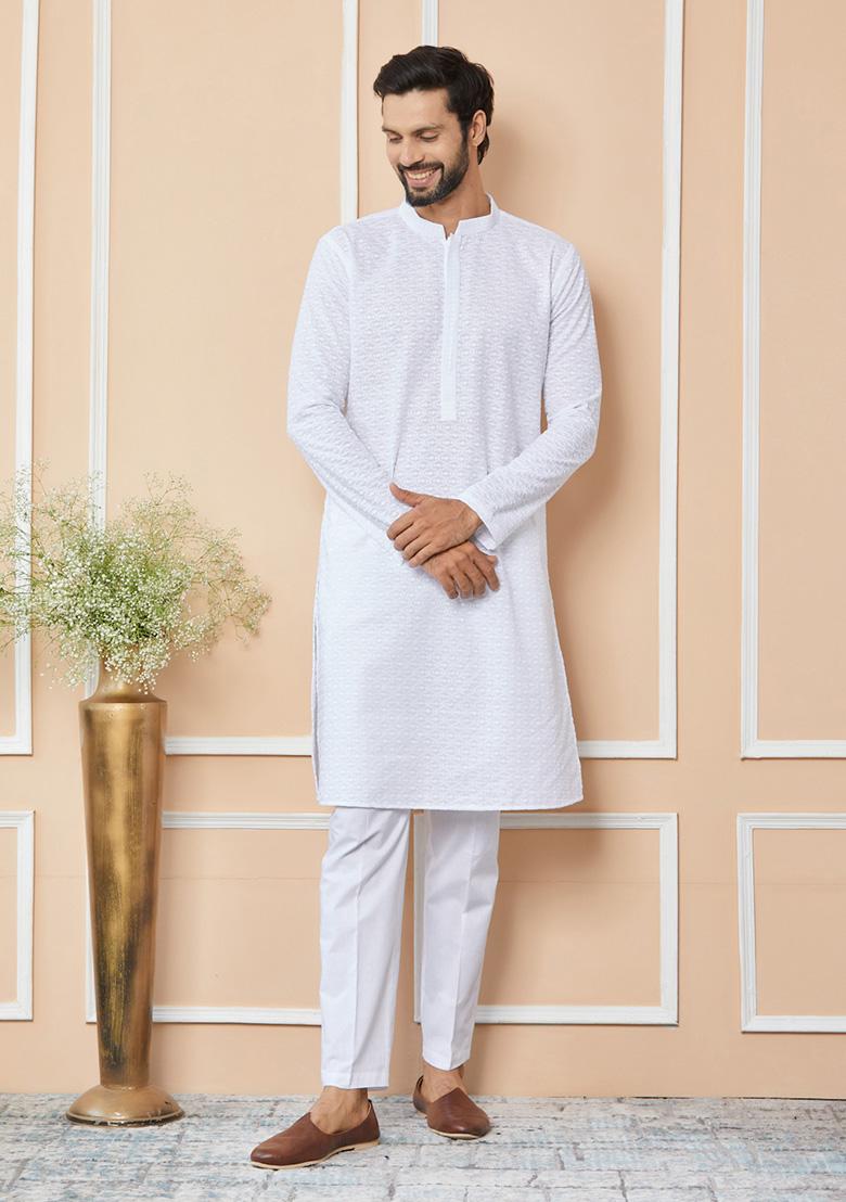 White Chikankari Work Cotton Kurta Set For Men