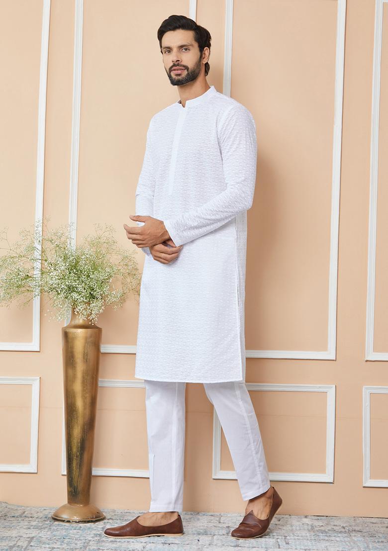 White Chikankari Work Cotton Kurta Set For Men