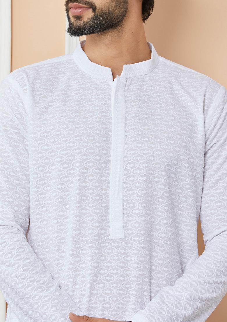 White Chikankari Work Cotton Kurta Set For Men