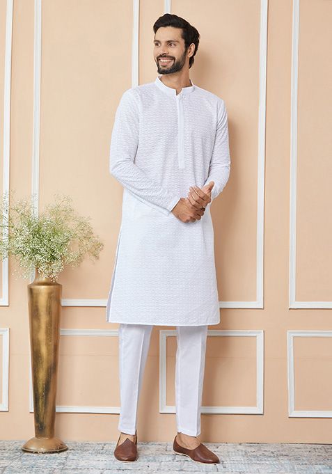 White Chikankari Work Cotton Kurta Set For Men