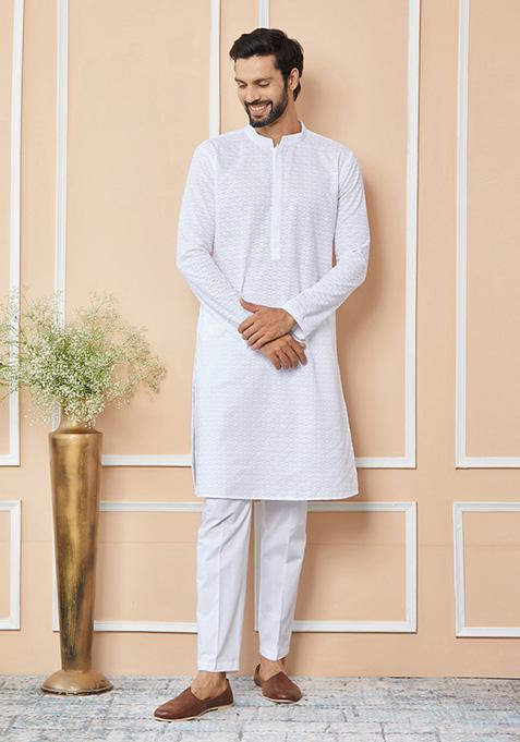 White Chikankari Work Cotton Kurta Set For Men