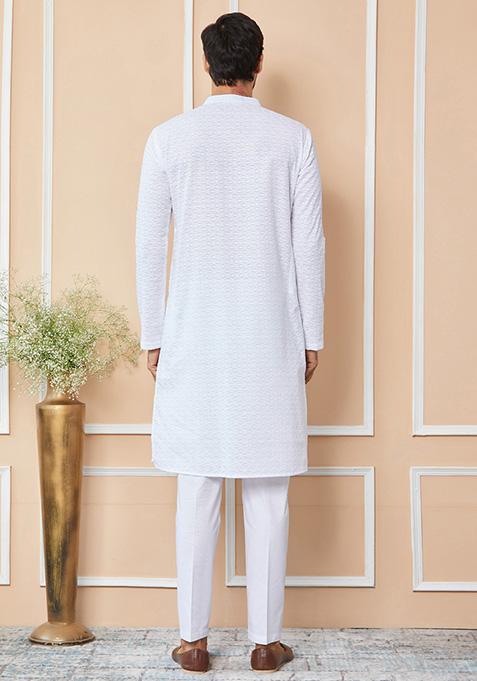 White Chikankari Work Cotton Kurta Set For Men
