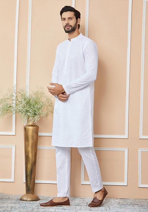 White Chikankari Work Cotton Kurta Set For Men