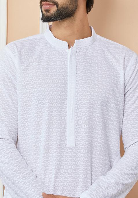 White Chikankari Work Cotton Kurta Set For Men