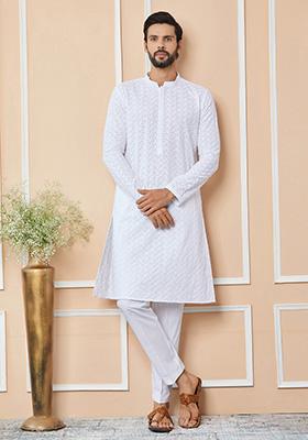 White Chikankari Work Straight Kurta Set For Men