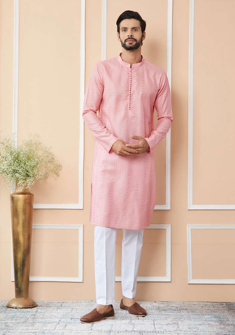 Pink Sequin Thread Work Straight Kurta Set For Men - Indya