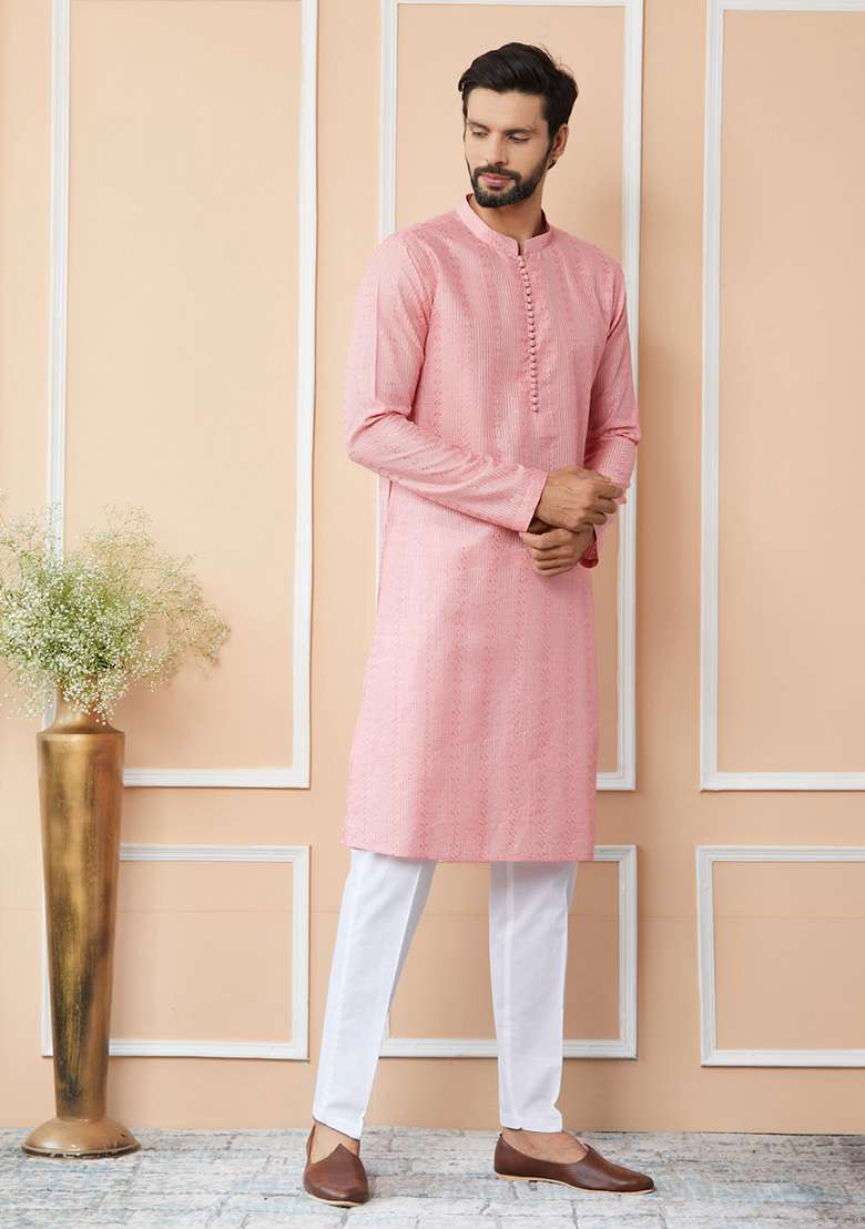 Pink Sequin Thread Work Straight Kurta Set For Men - Indya