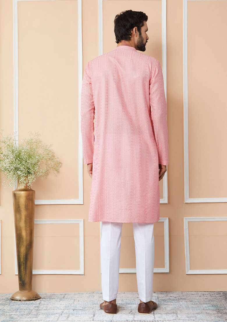 Pink Sequin Thread Work Straight Kurta Set For Men - Indya