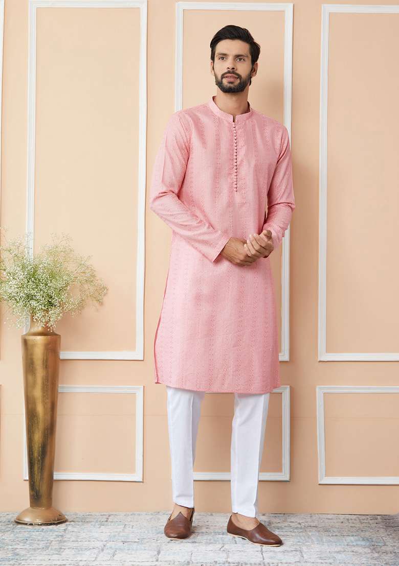Pink Sequin Thread Work Straight Kurta Set For Men - Indya