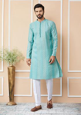 Ice Green Sequin Thread Embroidered Straight Kurta Set For Men