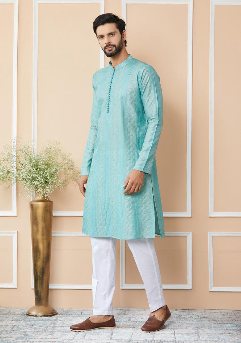 Ice Green Sequin Thread Embroidered Straight Kurta Set For Men