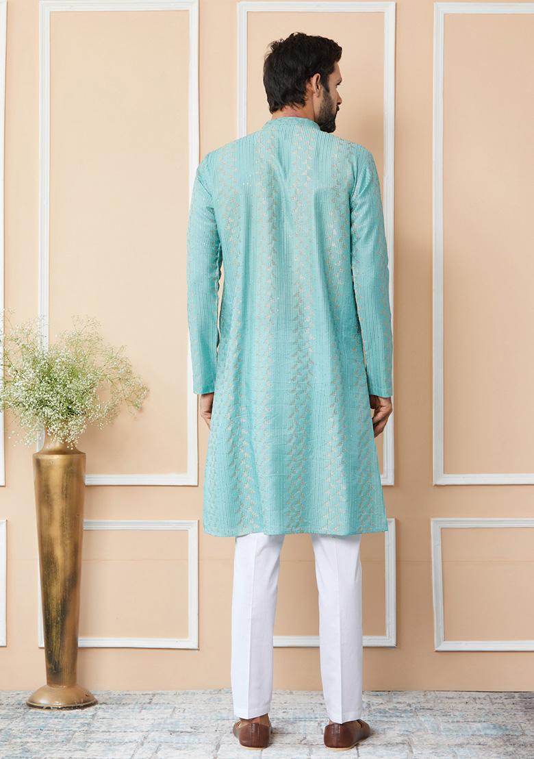 Ice Green Sequin Thread Embroidered Straight Kurta Set For Men