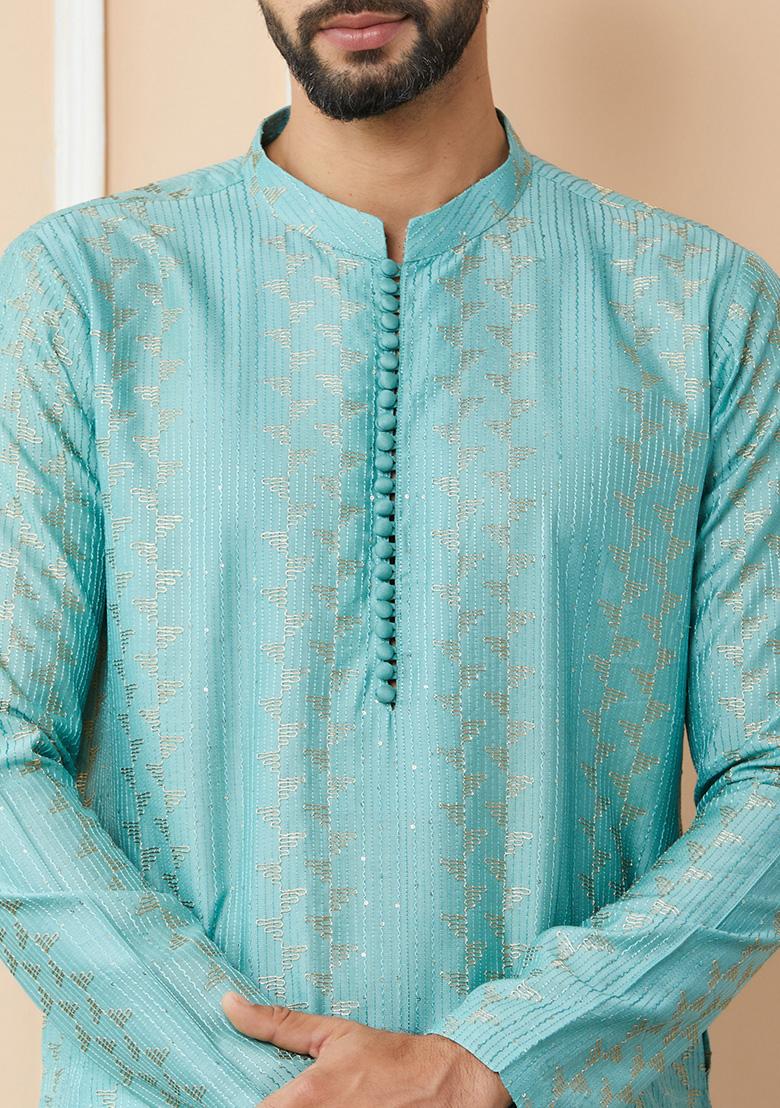 Ice Green Sequin Thread Embroidered Straight Kurta Set For Men