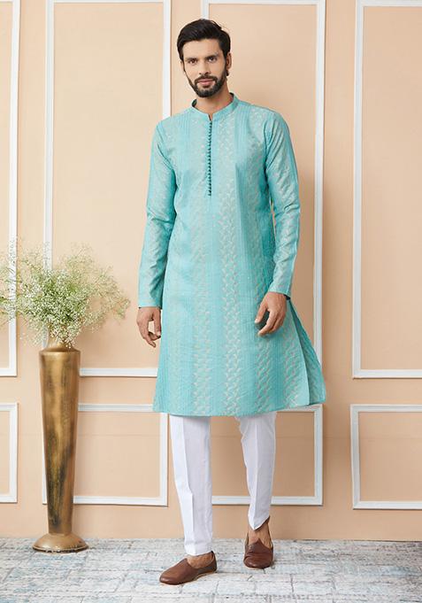 Ice Green Sequin Thread Embroidered Straight Kurta Set For Men