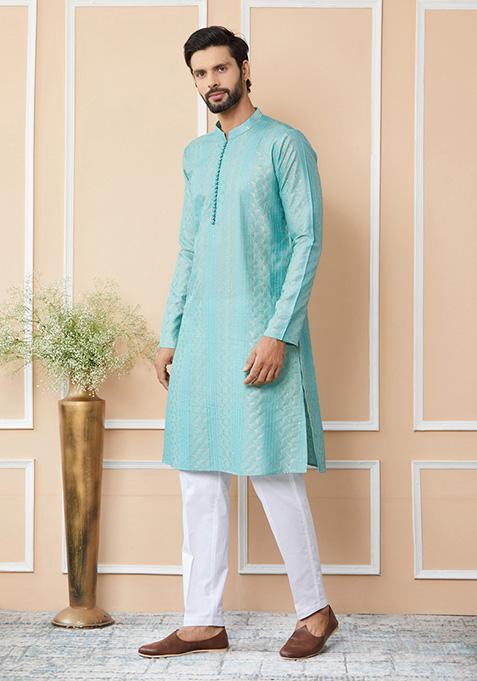 Ice Green Sequin Thread Embroidered Straight Kurta Set For Men