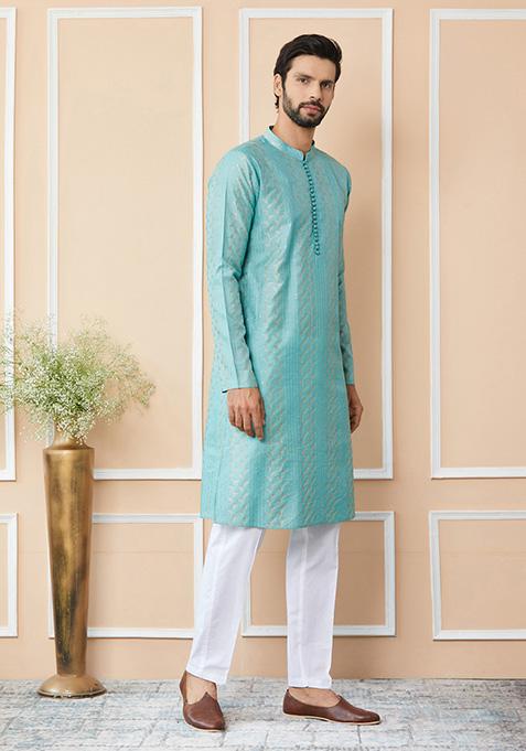 Ice Green Sequin Thread Embroidered Straight Kurta Set For Men