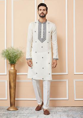 Cream Embroidered Straight Kurta Set For Men