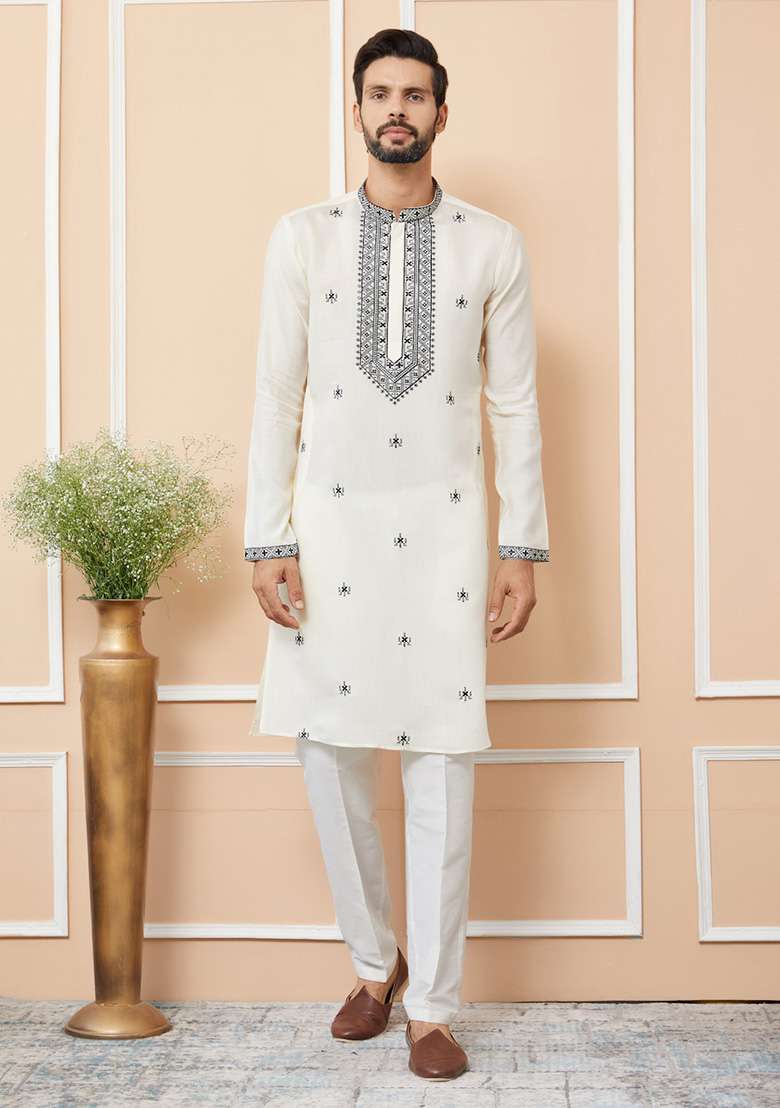 Cream Embroidered Straight Kurta Set For Men - Indya