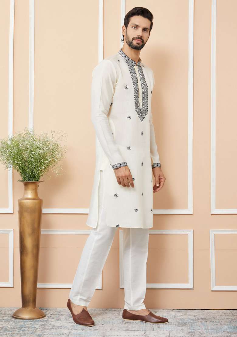 Cream Embroidered Straight Kurta Set For Men - Indya