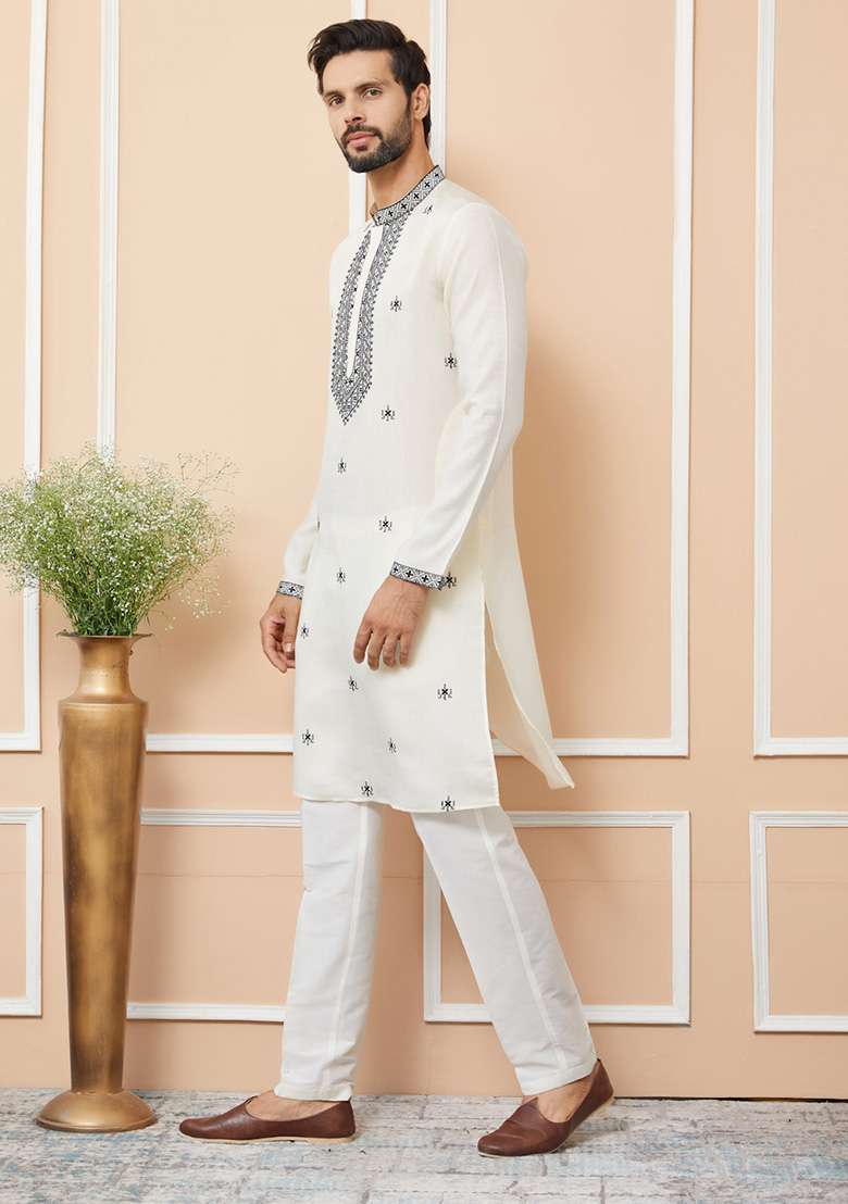 Cream Embroidered Straight Kurta Set For Men - Indya