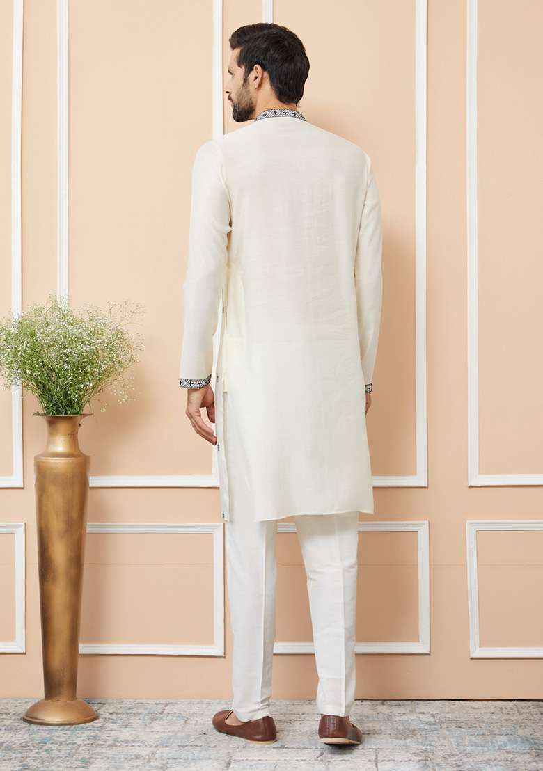 Cream Embroidered Straight Kurta Set For Men - Indya