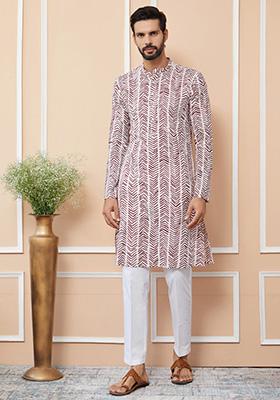 Brown Printed Straight Kurta Set For Men