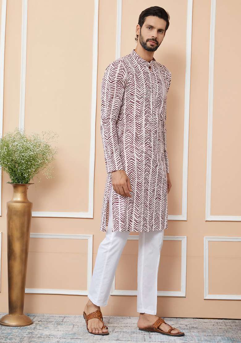 Brown Printed Straight Kurta Set For Men - Indya