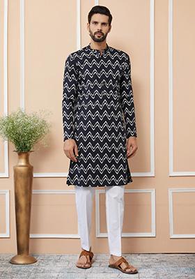 Black Printed Cotton Straight Kurta Set For Men