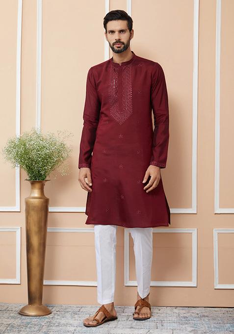 Maroon Embroidered Kurta Set For Men