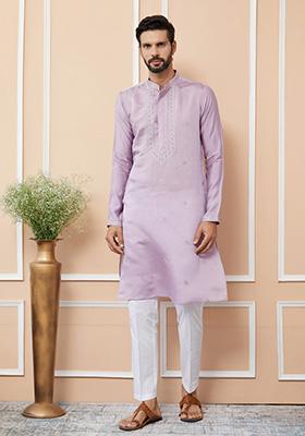 Purple Embroidered Kurta Set For Men