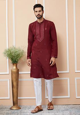 Dark Maroon Embroidered Kurta Set For Men