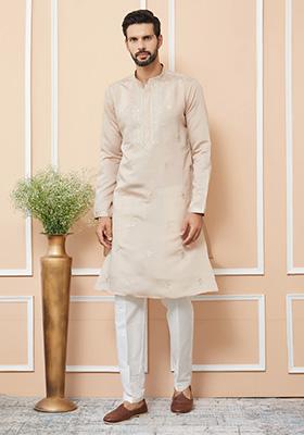 Beige Embroidered Kurta Set For Men