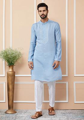 Light Blue Embroidered Kurta Set For Men
