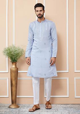Blue Embroidered Straight Kurta Set For Men