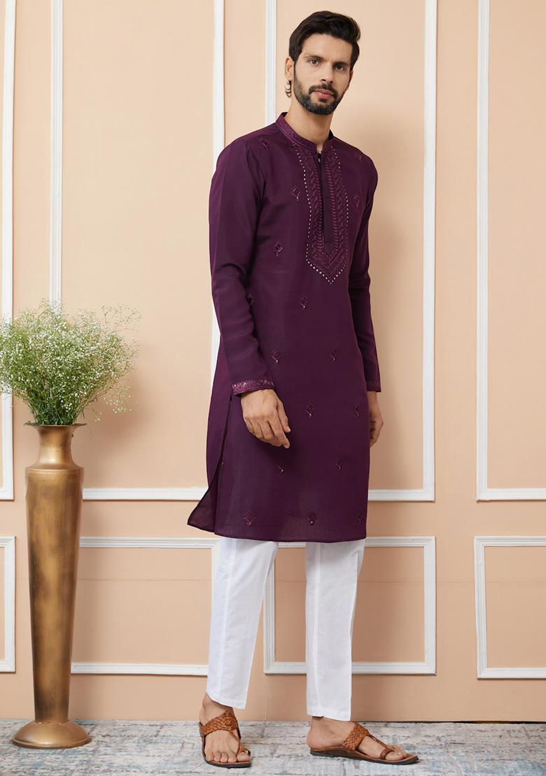 Buy Dark Purple Embroidered Kurta Set For Men XMS01259 Groom's