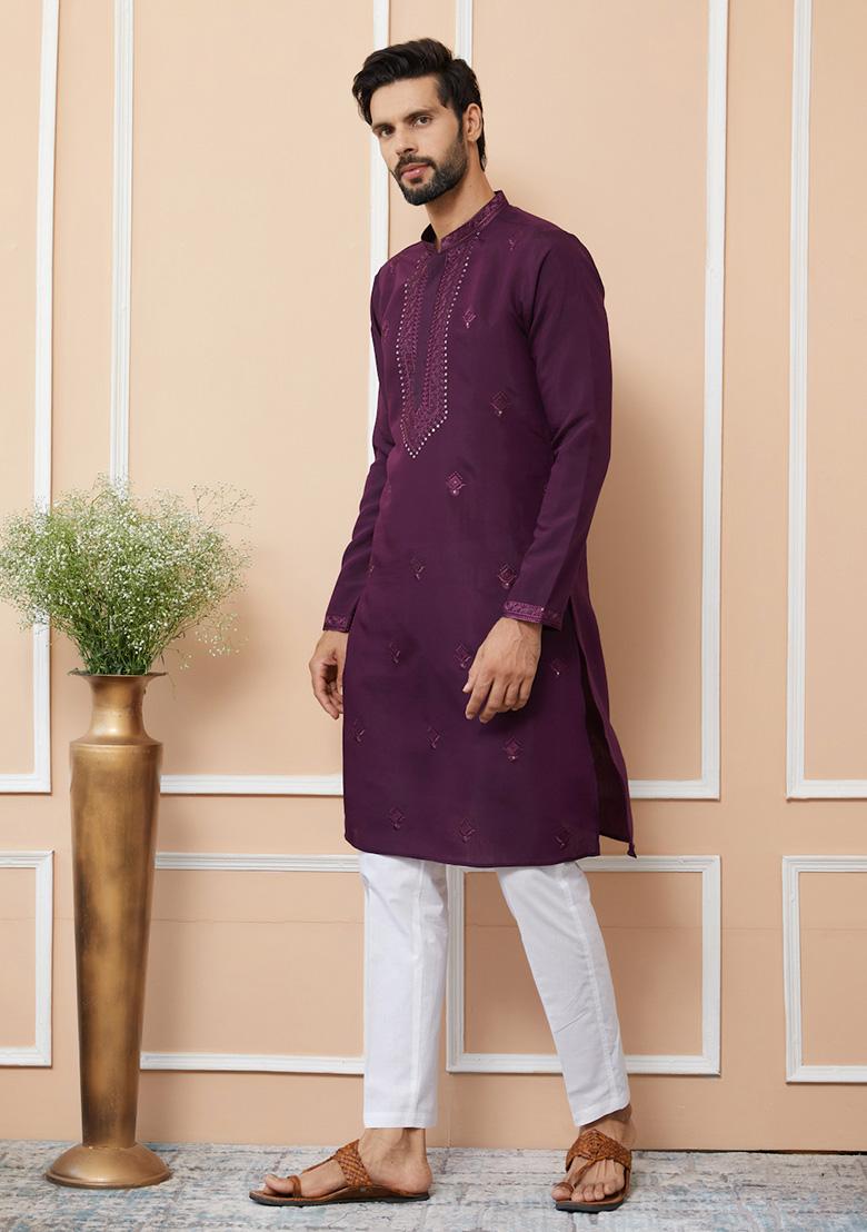 Dark Purple Embroidered Kurta Set For Men