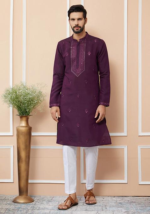 Dark Purple Embroidered Kurta Set For Men