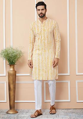 Yellow Printed Cotton Kurta Set For Men