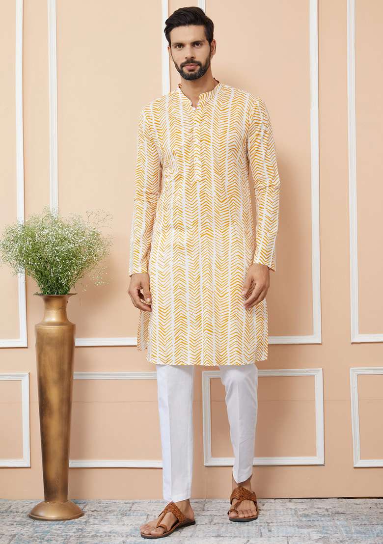 Yellow Printed Cotton Kurta Set For Men - Indya