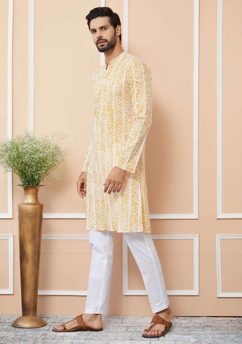 Yellow Printed Cotton Kurta Set For Men - Indya