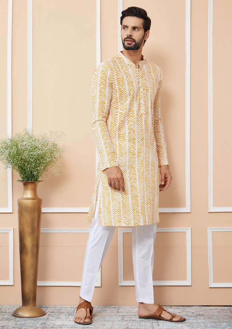 Yellow Printed Cotton Kurta Set For Men - Indya